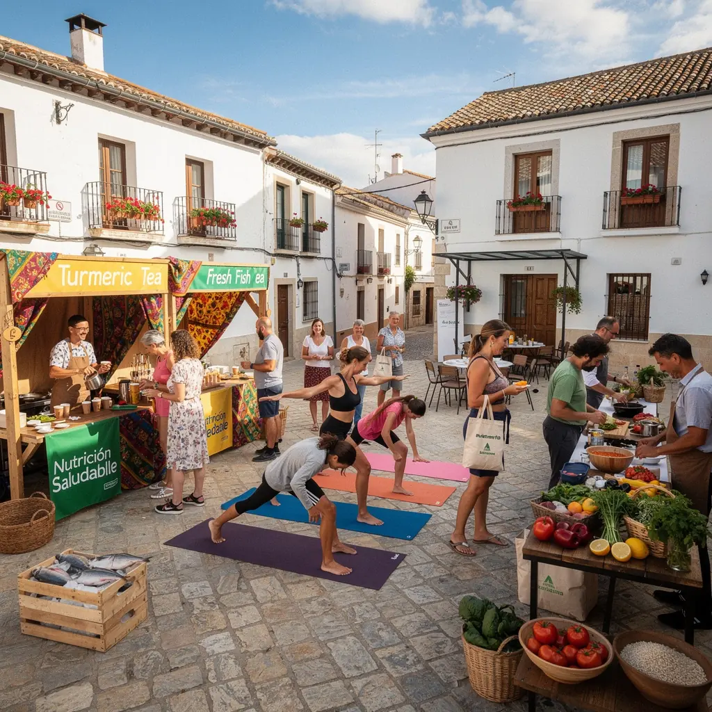 Plato colorido de ensalada fresca con pescados, frutas y nueces en una mesa de madera.
