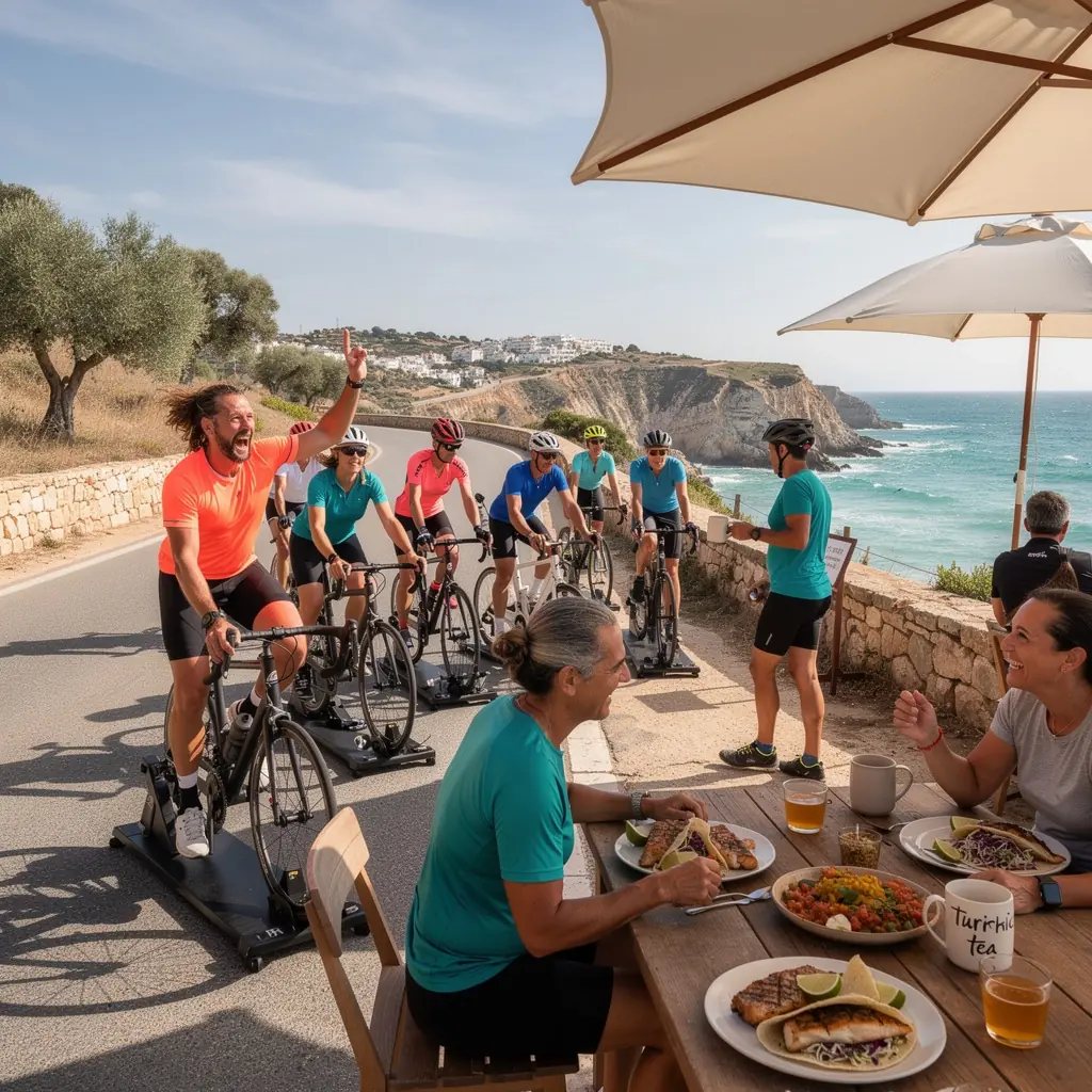 Vista de un grupo de personas practicando yoga en la playa durante el amanecer.