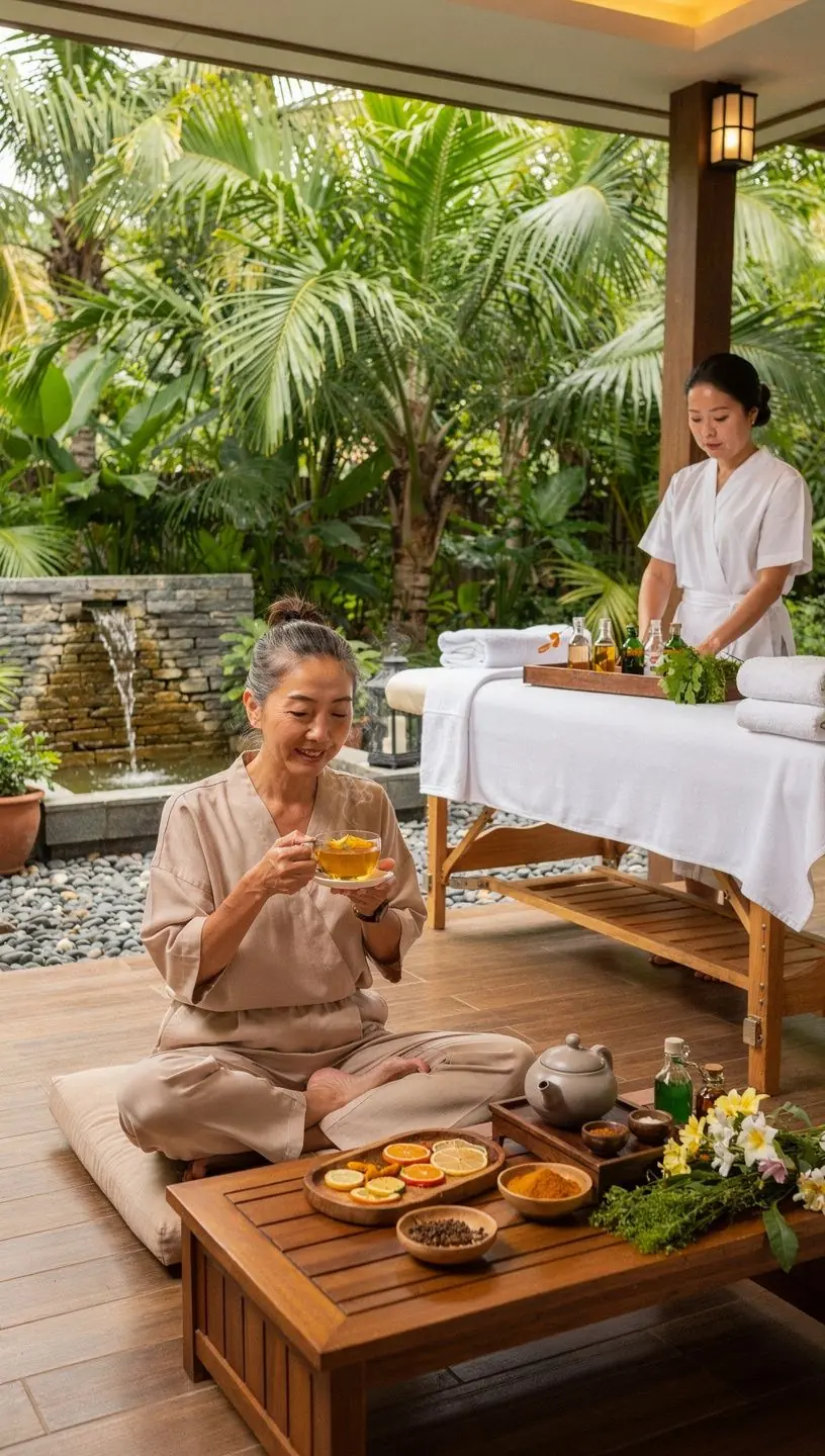 Ingredientes frescos de cúrcuma, semillas y frutas dispuestos artísticamente sobre una mesa.