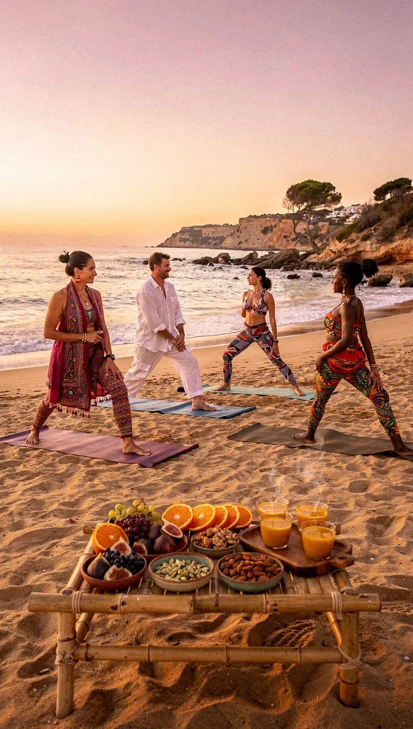 Grupo de personas realizando ejercicios de estiramiento al aire libre, promoviendo el bienestar físico.